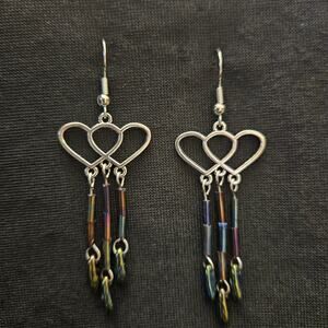 Antique silver double heart & purple/blue iris glass beaded chandelier earrings